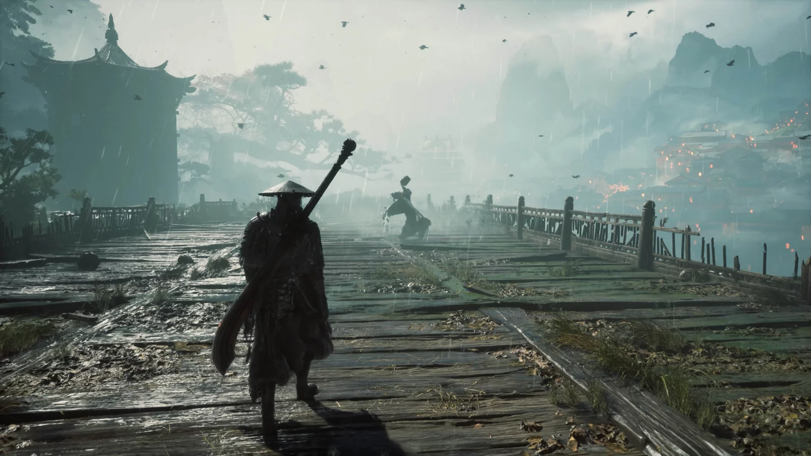 Soul stands on a rain-soaked wooden bridge, with traditional buildings and misty cliffs beyond