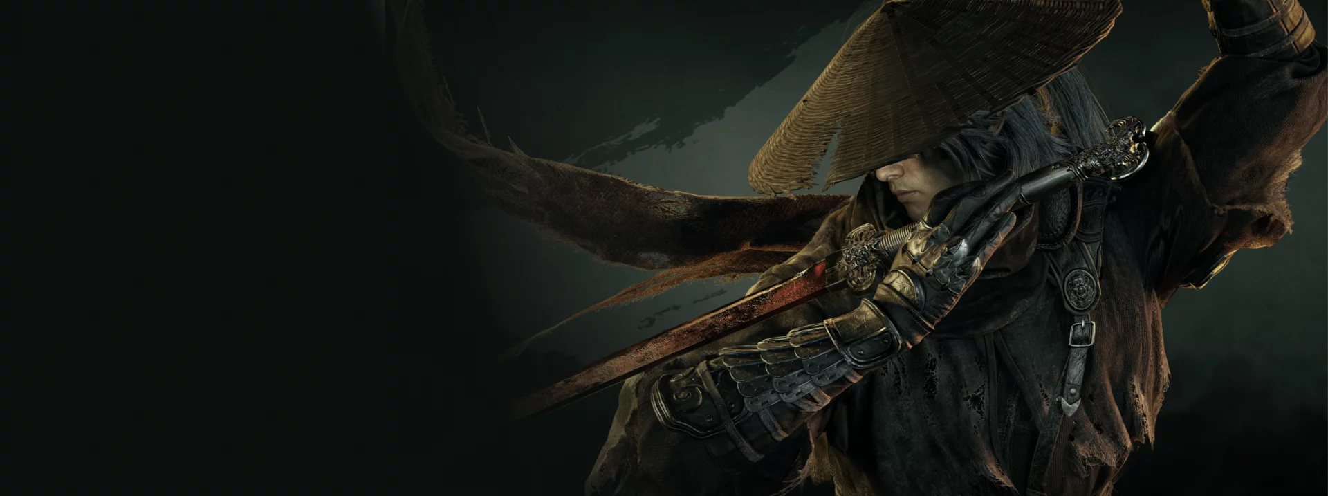 Official Phantom Blade Zero artwork of Soul holding his sword beneath a woven hat